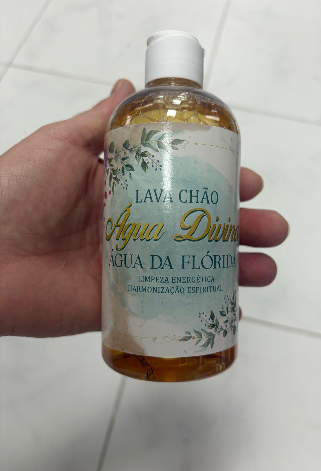 Frasco de Lava Chão Água Divina ÁGUA DA FLÓRIDA com líquido amarelo e rótulo decorado