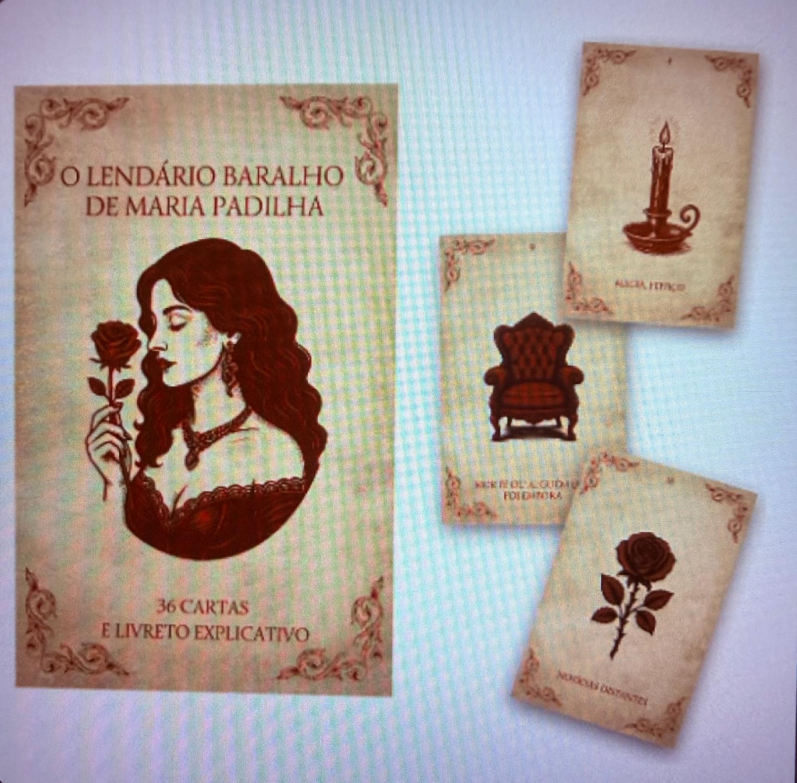Baralho O Lendário Baralho de Maria Padilha com cartas ilustradas e texto explicativo.