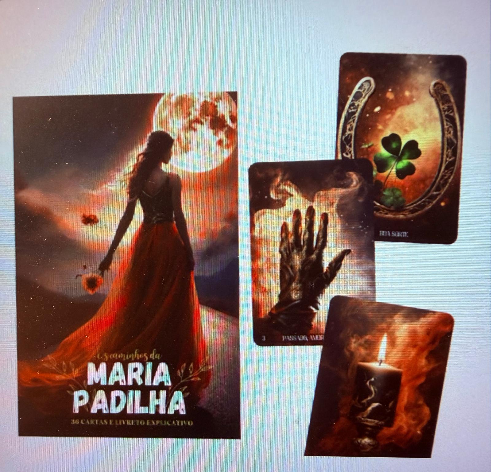 Baralho místico 36 cartas com imagens de mulher, mão de fogo, vela e trevo em ferradura