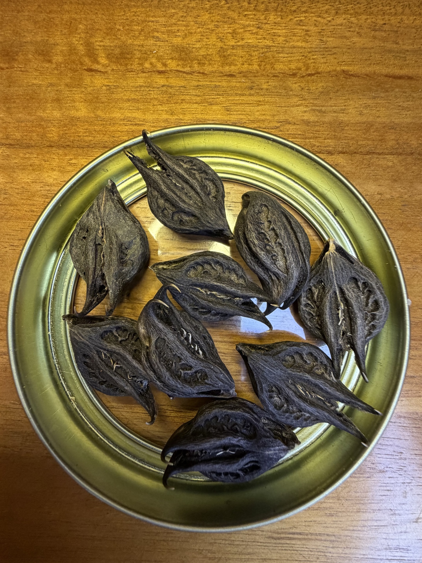 Frutos secos castanho escuro numa base metálica redonda prateada