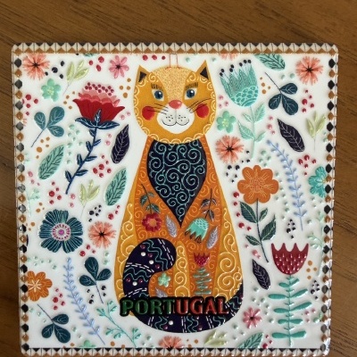 Placa decorativa com desenho colorido de gato e flores, com a palavra PORTUGAL.