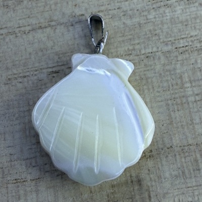 Pendente em forma de concha branco com argola metálica sobre madeira clara