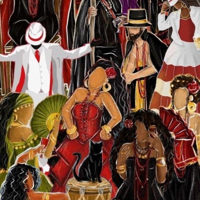 Ilustração de pessoas em roupas tradicionais coloridas e um tambor com gato preto