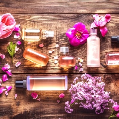Frascos de cosméticos com flores coloridas sobre fundo de madeira.