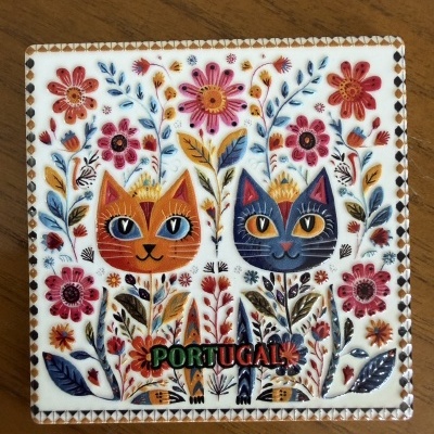 Placa decorativa com gatos e flores coloridas com a palavra PORTUGAL