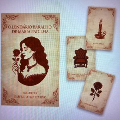 Baralho O Lendário Baralho de Maria Padilha com cartas ilustradas e texto explicativo.