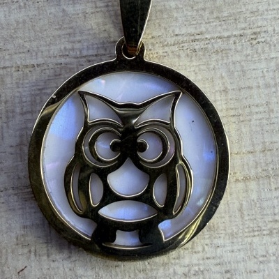 Pingente redondo com coruja em metal dourado e fundo branco perolado