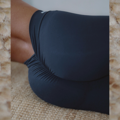 Calças justas pretas em tecido elástico sobre tapete bege