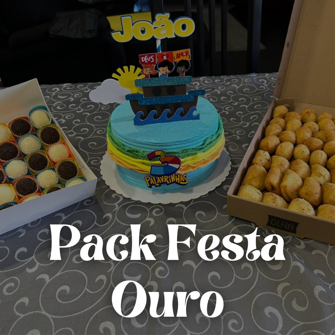 Pack Festa - Ouro Bolo decorado azul com nome João e doces em caixas ao redor