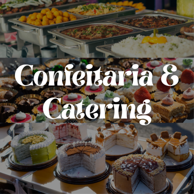 Diferentes pratos quentes e bolos variados com texto 