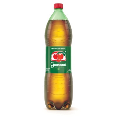 Garrafa de refrigerante Guaraná Antarctica 1,5 litro com rótulo verde e tampa vermelha