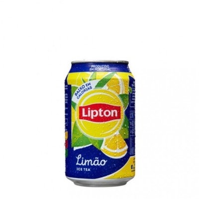Lata azul e amarelo de Lipton Ice Tea sabor limão com limões ilustrados