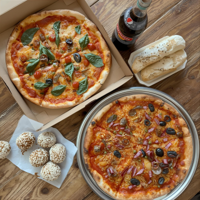 Duas pizzas variadas, pães, bolinhas de pão com sementes e uma garrafa de refrigerante sobre mesa de madeira