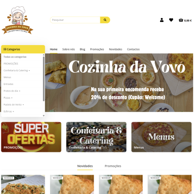 Página inicial do site Cozinha da Vovó com promoções e fotos de comida
