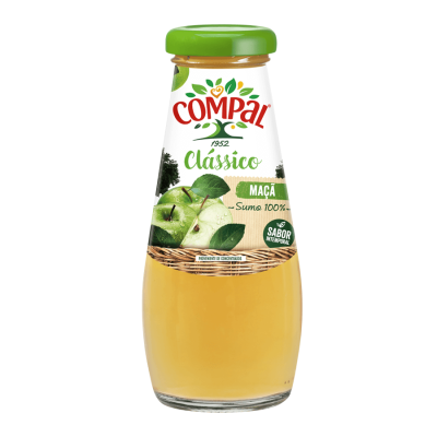 Garrafa de sumo de maçã Compal Clássico com rótulo branco e tampa verde