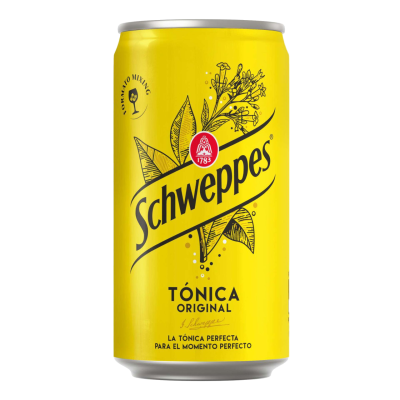 Lata amarela de Schweppes Tónica Original com ilustração de folhas e flores