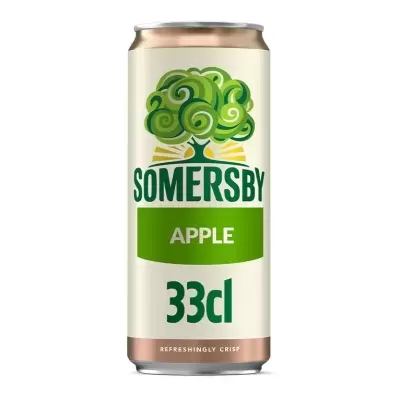 Lata Somersby Apple 33cl branca e verde com desenho de árvore