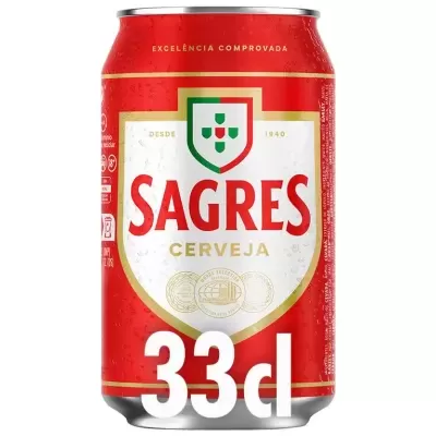 Lata de cerveja SAGRES vermelha e branca de 33 cl com escudo