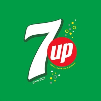 Logotipo 7up com fundo verde e bolhas coloridas