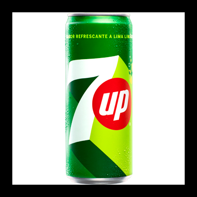 Lata verde de 7up com texto e logótipo em destaque