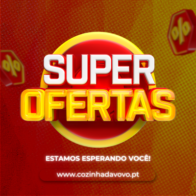 Cartaz com texto Super Ofertas em branco e amarelo sobre fundo vermelho e amarelo