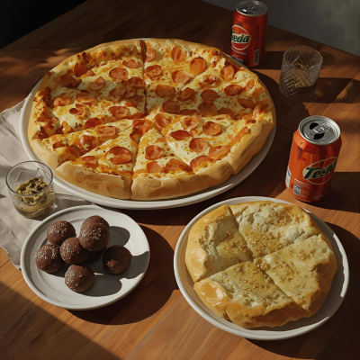 Pizza de pepperoni, pão de alho com queijo, bolas de chocolate, sumo e copo com gelo numa mesa de madeira