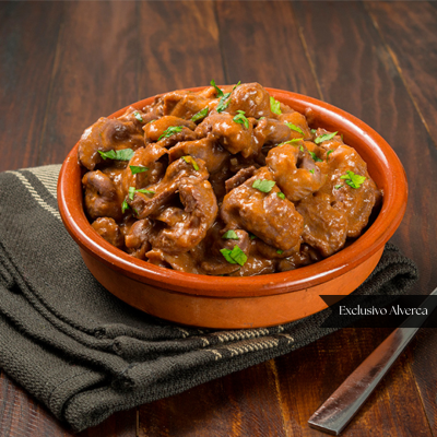 Tigela de guisado de carne com coentros e molho, em tigela de barro sobre pano cinza