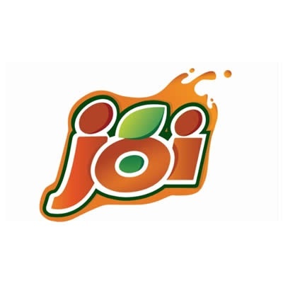 Logótipo da marca joi com folha verde e efeito de espirro laranja