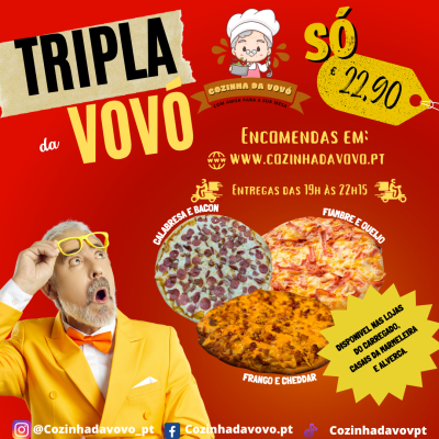 Anúncio colorido com três pizzas e texto promocional da Cozinha da Vovó