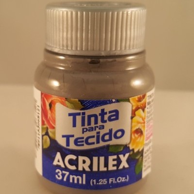 Frasco de tinta para tecido Acrilex azul e prata com flores no rótulo