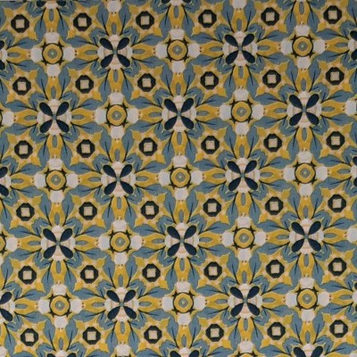 Padrão floral geométrico em azul, amarelo, cinzento e branco