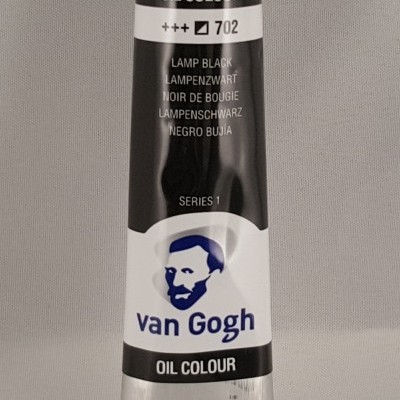 Tubo de tinta óleo Van Gogh cor preta lamp black 702 em fundo cinza