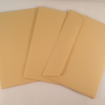 Três envelopes de papel castanho, um aberto, sobre superfície clara