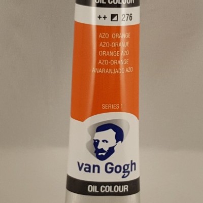 Tubo metálico de tinta a óleo Van Gogh laranja com tampa prateada e rótulo multilingue.