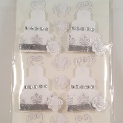 Adesivos de bolos de casamento brancos com decoração prateada e flores, embalagem Artoz Artwork