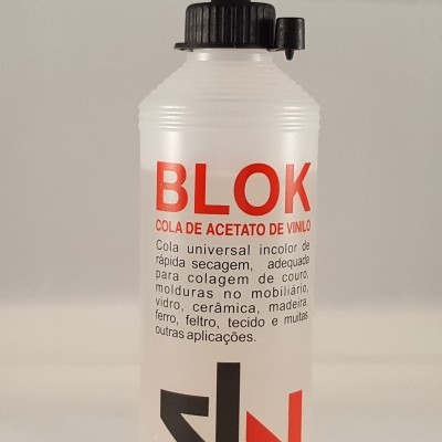 Frasco de cola de acetato de vinilo BLOK com tampa preta e texto vermelho e preto