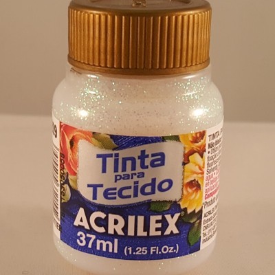 Frasco de tinta para tecido Acrilex 37ml com rótulo azul e tampa dourada