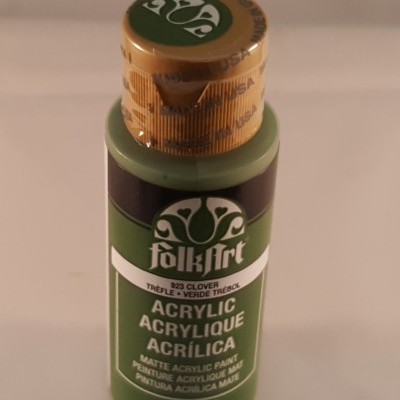 Frasco de tinta acrílica verde com tampa dourada e rótulo FolkArt