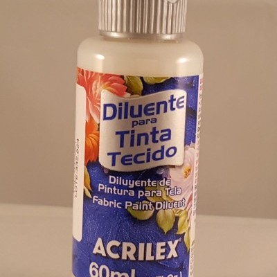 Frasco branco com tampa cinzenta de diluente para tinta de tecido Acrilex 60 ml com rótulo azul florido