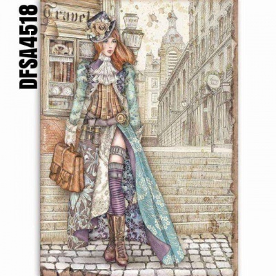 Ilustração steampunk de mulher em roupa vitoriana com mala numa rua de pedra