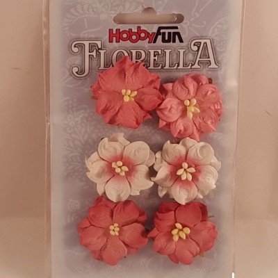 Pacote de flores decorativas em rosa e branco com embalagem lila e texto Hobby Fun Florella