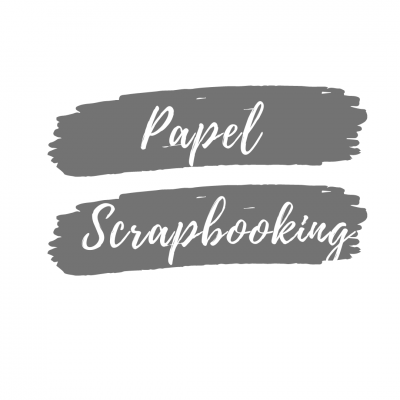 Texto 'Papel Scrapbooking' em pincelados cinzentos sobre fundo branco
