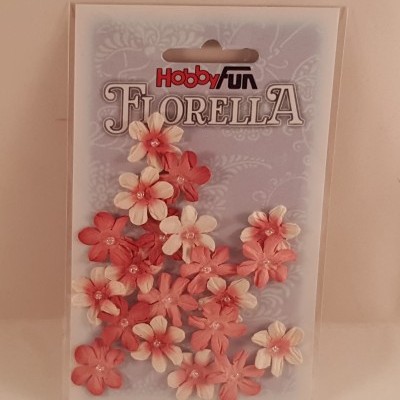 Pacote de flores decorativas em papel rosa e branco, marca Hobbyfun Florella