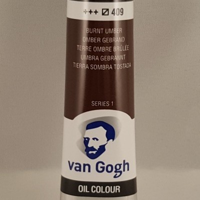 Tubo de tinta a óleo Van Gogh cor Burnt Umber com rótulo marrom e branco.