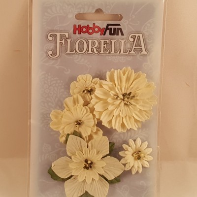 Flores decorativas artificiais creme em embalagem com marca Hobbyfun Florella