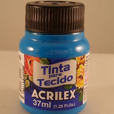 Frasco azul de tinta para tecido Acrilex com tampa preta e etiqueta colorida