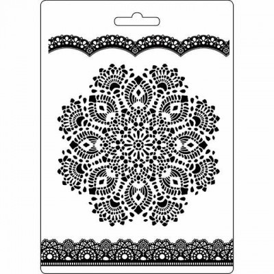 Molde de stencil com padrão de renda preta em formato circular e bordas decorativas