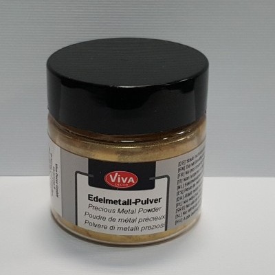 Pote de pó metálico dourado com tampa preta e rótulo Viva Decor