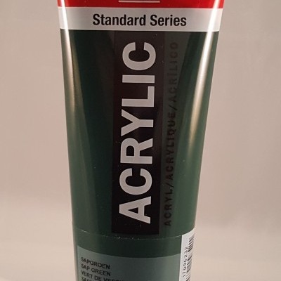 Tubo vermelho e verde-escuro de tinta acrílica Amsterdam com tampa preta, texto branco e preto.