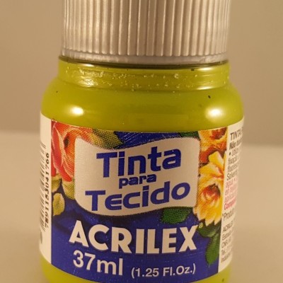 Frasco de tinta para tecido verde-limão da Acrilex com tampa prateada e etiqueta com flores.
